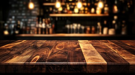 Rustic wooden table top with blurred bar backdrop featuring warm lighting and bottles in an inviting atmosphere
