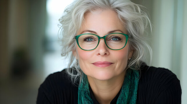 Portrait of a confident mature woman with gray hair and green glasses.