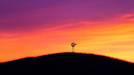 Silhouetted windmill on hilltop at vibrant sunset.