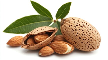 almonds in shell and shelled with green leaves on a white background showcasing natural healthy snacks and culinary ingredients