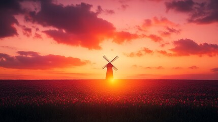 Dramatic sunset over a field of tulips with a windmill. (1)