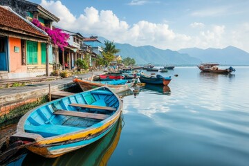 A peaceful fishing village on a small island, with colorful boats docked along the shore and charming cottages in the background