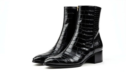 Sleek women's crocodile leather boots with glossy finish, perfect for premium ads.