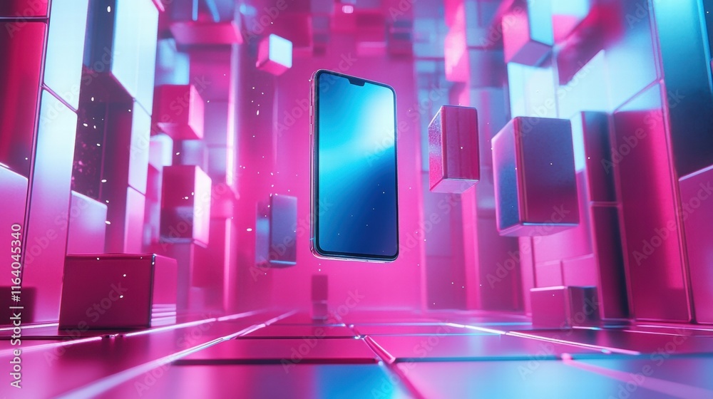 Poster A futuristic smartphone floating in a vibrant digital environment with glowing cubes.