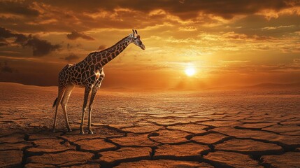Giraffe Wandering Through Dry Savannah at Sunset