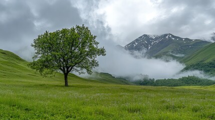 Fototapeta premium Lone tree standing in a lush green meadow beneath a dramatic cloudy sky and majestic mountain backdrop