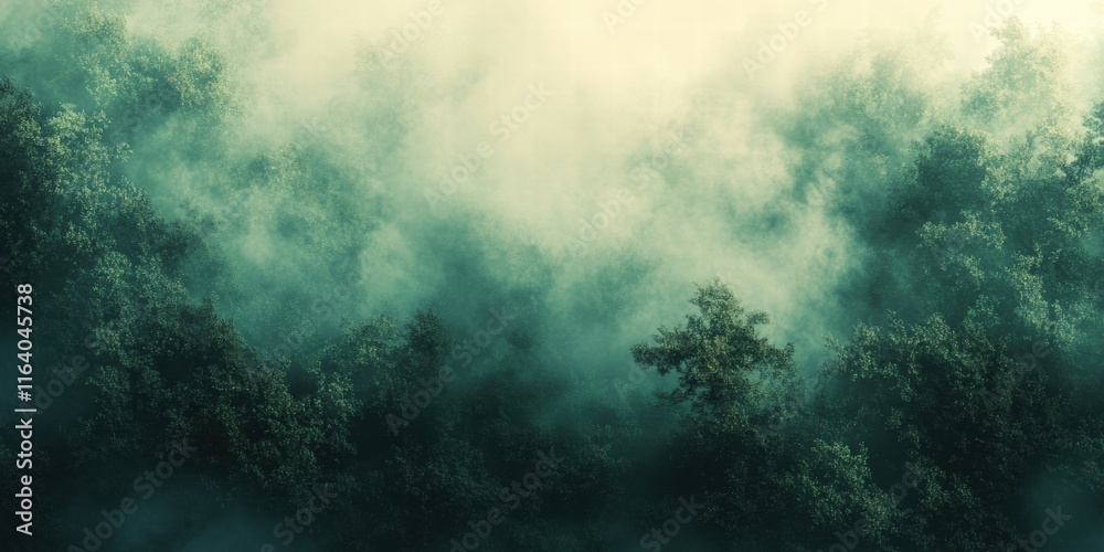 Poster a misty forest scene with dense trees shrouded in fog, evoking a sense of tranquility.