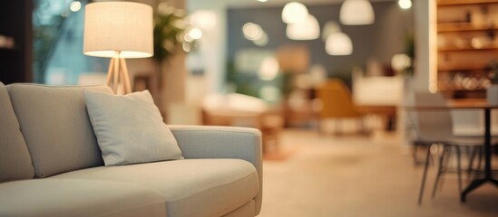 Stylish interior furniture background with blurred decor elements for design inspiration in modern shopping space
