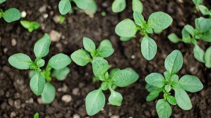 Aerial view of vibrant seedling plants thriving in rich organic farmland soil showcased in a natural farming environment