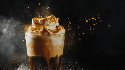 Dalgona coffee creamy whipped drink with instant coffee and sugar served in a glass against a dark background perfect for trendy breakfasts