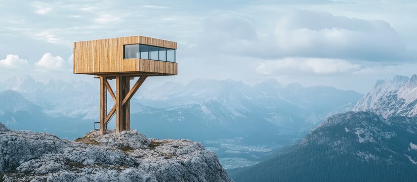 Modern wooden observation tower offering panoramic mountain views in a serene natural landscape for photography and design projects.
