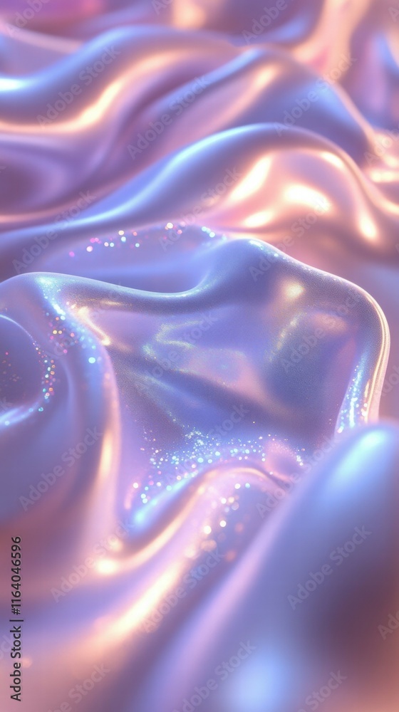 Poster a close-up of shimmering, iridescent fabric with soft folds and sparkling details.