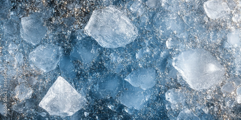 Poster close-up of crystalline ice chunks on a textured surface.