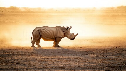 Fototapeta premium White rhino in dusty African savanna at sunset.