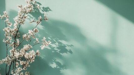 Minimalist mockup featuring floral branches casting shadows on a green pastel wall ideal for posters and artistic frame displays