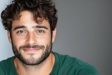 Obraz premium Close-up portrait of a smiling young man with curly hair and a beard against a gray background.