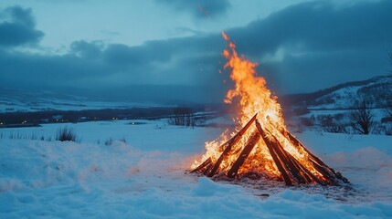 Naklejka premium Fiery bonfire in snowy landscape at twilight.