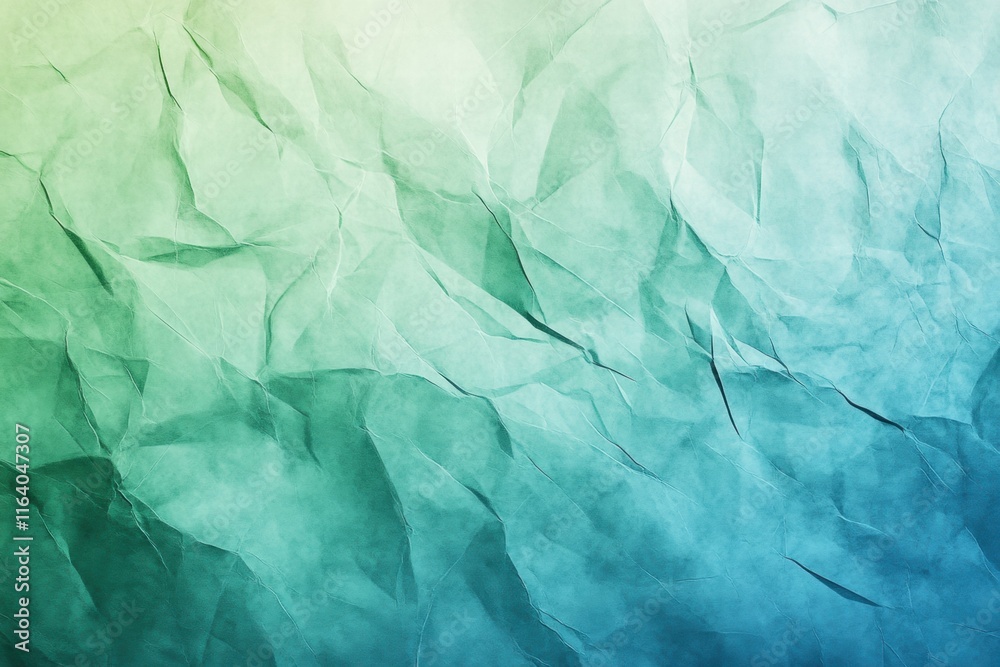 Poster a textured background of crumpled paper in shades of green and blue.