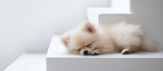 Peaceful Pomeranian puppy napping on white stairs highlighting serenity and charm in a minimalist setting