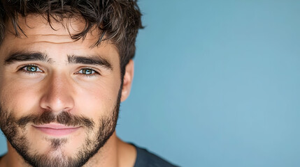Obraz premium Close-up portrait of a young man with green eyes and a beard against a blue background.