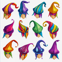 Fototapeta premium Set of vibrant jester hats in various colors, cut out on white background.