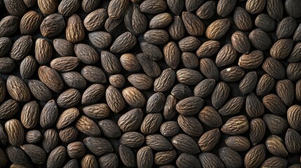 Closeup of a textured background featuring various almonds in an overhead view highlighting their natural beauty and intricate details