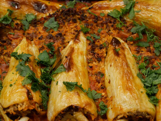 Stuffed peppers right out of the oven. Home made food. 