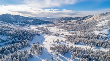 Aerial view showcasing breathtaking snow capped mountains and serene winter landscape with snow-laden trees and valleys