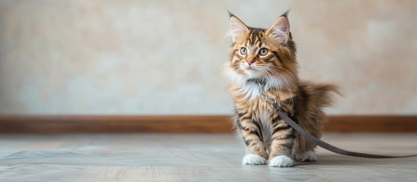 Playful Maine Coon cat on a leash exhibiting charming personality and beautiful fur patterns in a cozy indoor setting