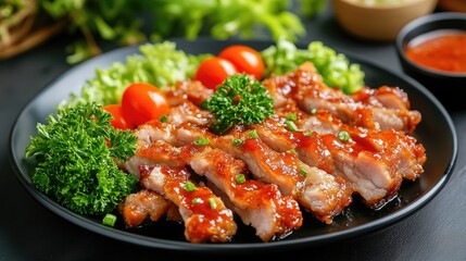 Fototapeta premium Crispy pork dish served with dipping sauce garnished with fresh vegetables and cherry tomatoes on a black plate in a modern setting