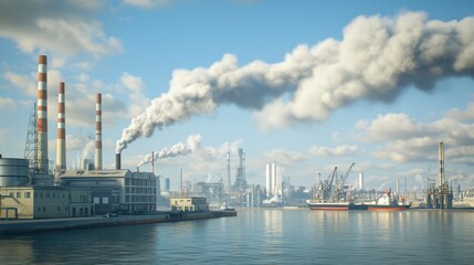 Industrial Pollution Over Busy Port with Smoke Emission