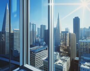 Fototapeta premium Sunlit cityscape view from modern office window.