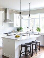 Modern White Kitchen Island with Island Seating and Pendant Lights