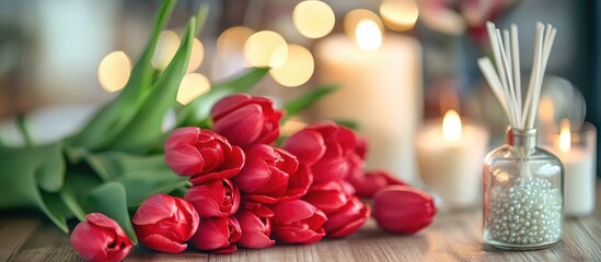 Cozy spring atmosphere for International Women's Day featuring vibrant red tulips decorative candles and fragrance diffusers on a wooden table