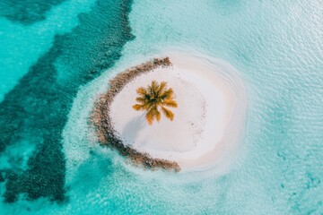 A small island with a single towering coconut tree, surrounded by crystal-clear water and coral reefs