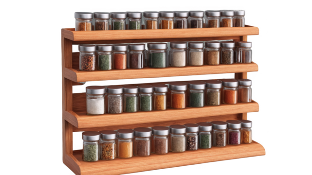 Spice rack with glass jars neatly organized in a wooden kitchen display setup