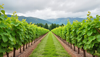 Naklejka premium Vineyard landscape with lush grapevines and mountains