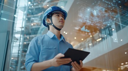 smart industry 4.0 futuristic technology concept, engineer use artificial intelligence combine augmented mixed virtual reality display, digital twin