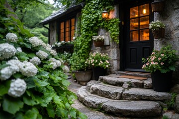 Obraz premium A stone wall fully covered with lush green ivy, giving a mysterious and magical vibe