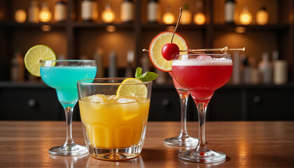 Colorful cocktails on wooden table in a cozy bar setting