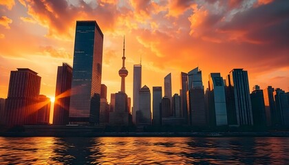 A stunning cityscape at sunset with glowing skyscrapers and serene water reflections.