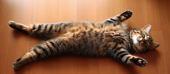 Playful tabby cat lounging comfortably on a hardwood floor showcasing a relaxed and carefree demeanor in bright natural light.