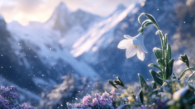 Alpine snowbell blooming amidst snow-covered mountains capturing the beauty of nature in winter setting.