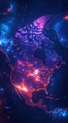  North America glowing with vivid lights highlighting cities at night, surrounded by cosmic blue and purple hues symbolizing connectivity, technology, and global communication.