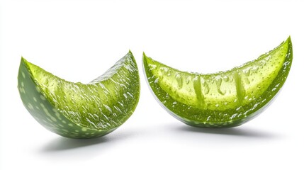 Fresh Aloe vera slices with droplets isolated on a clean white background for natural health and wellness concepts