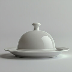 Fototapeta premium White serving cloche raised above empty white plate on white background.