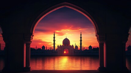 Mosque sunset islamic frame, vertical image, social media story, concept of night journey of isra mi'raj, ramadan, eid al-fitr, muharram, concept wallpaper. Copy space.