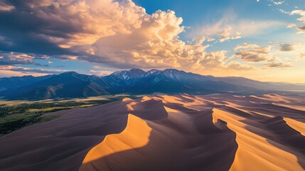 Fototapeta premium Aerial view of stunning sand dunes with dramatic shadows highlights and mountains under a colorful sky at sunset