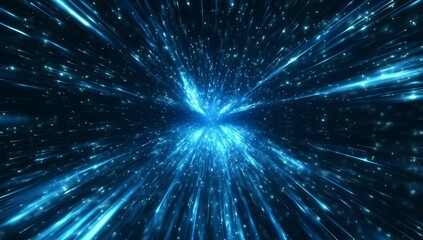Naklejka premium Abstract blue light streaks radiating outwards, creating a futuristic, hyperspace tunnel effect.