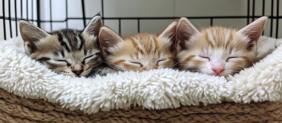 Cute kittens napping together in a cozy basket on a plush blanket ideal for pet adoption promotions and animal welfare initiatives
